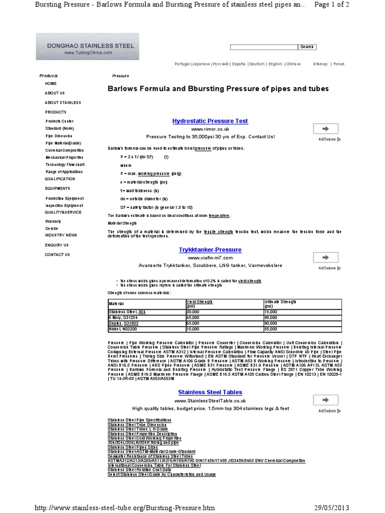 Barlow's Formula Pipe (Fluid Conveyance) Pressure