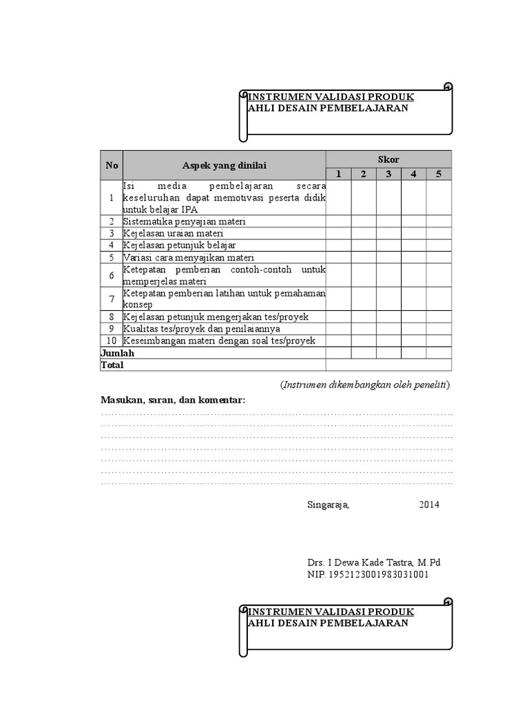 Instrumen Validasi Produk Ahli Desain Pembelajaran