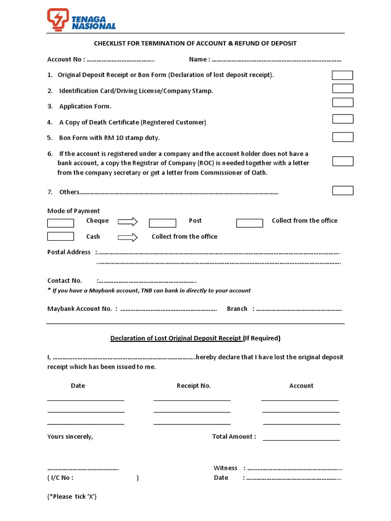 Borang Tnb Checklist Tutup Akaun Pdf Receipt Cheque