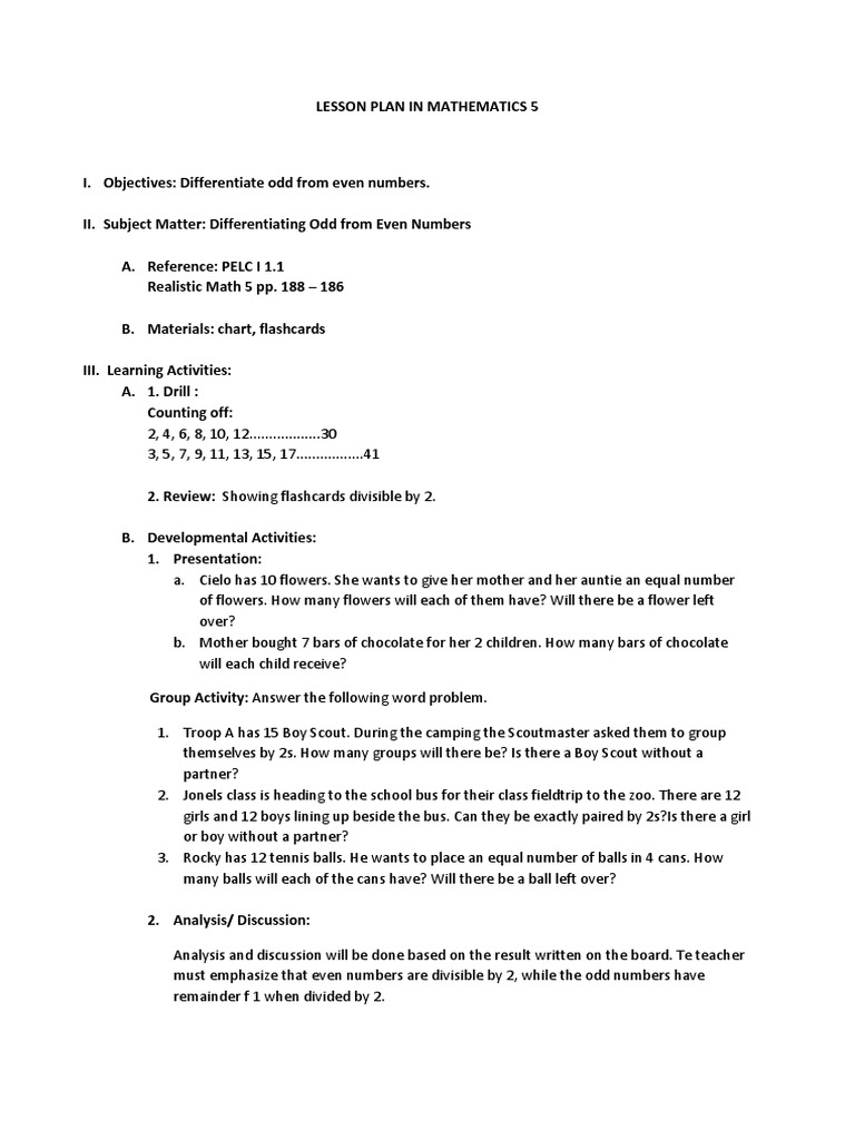 Math Lesson: Odd vs. Even Numbers | PDF | Lesson Plan | Cognition
