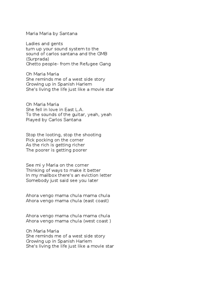 Maria Maria Lyrics English