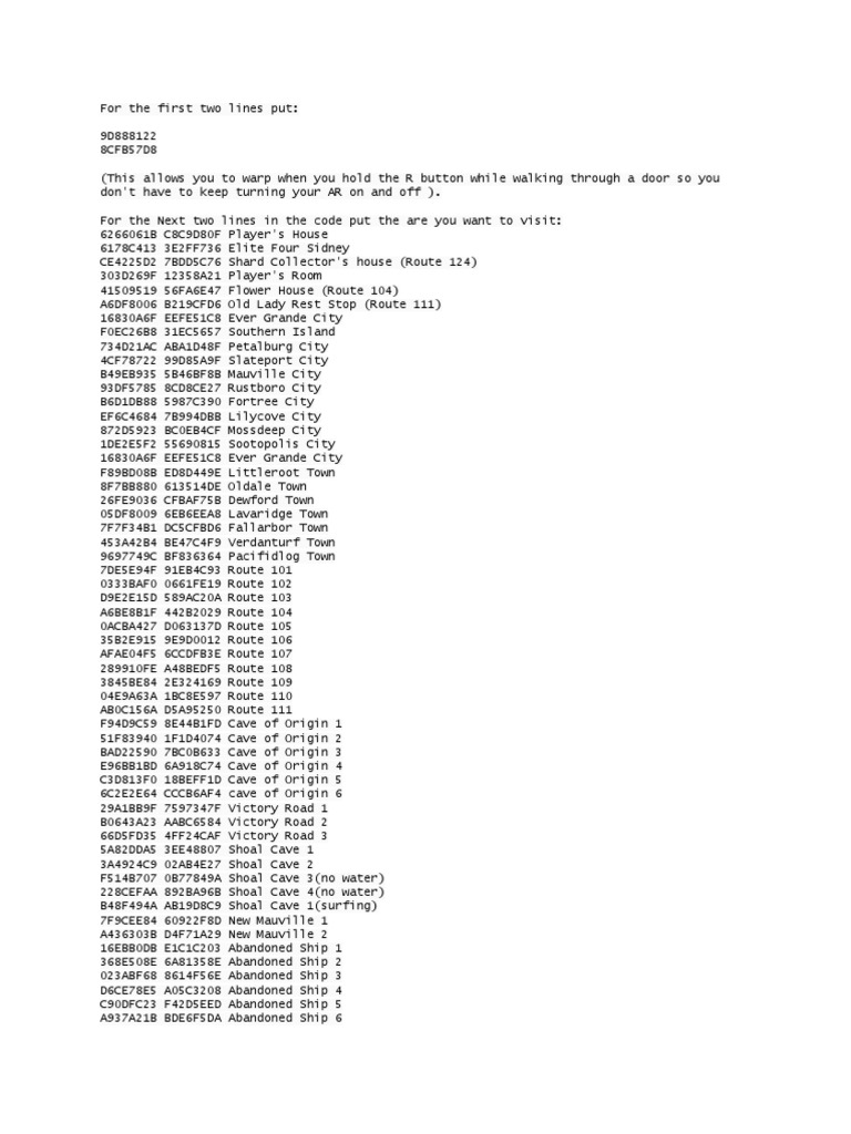 Pokémon Warp Codes Guide | PDF | Nintendo Franchises | Pokémon