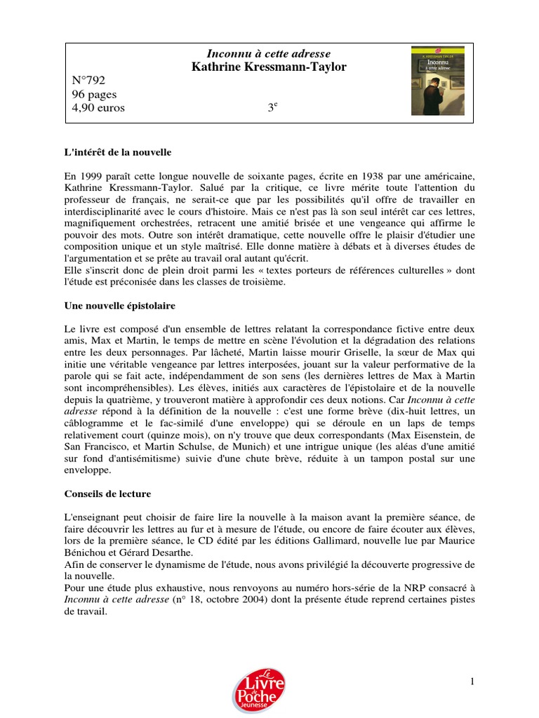 Analyse Livre Inconnu À Cette Adresse PDF Allemagne nazie Discours (linguistique)