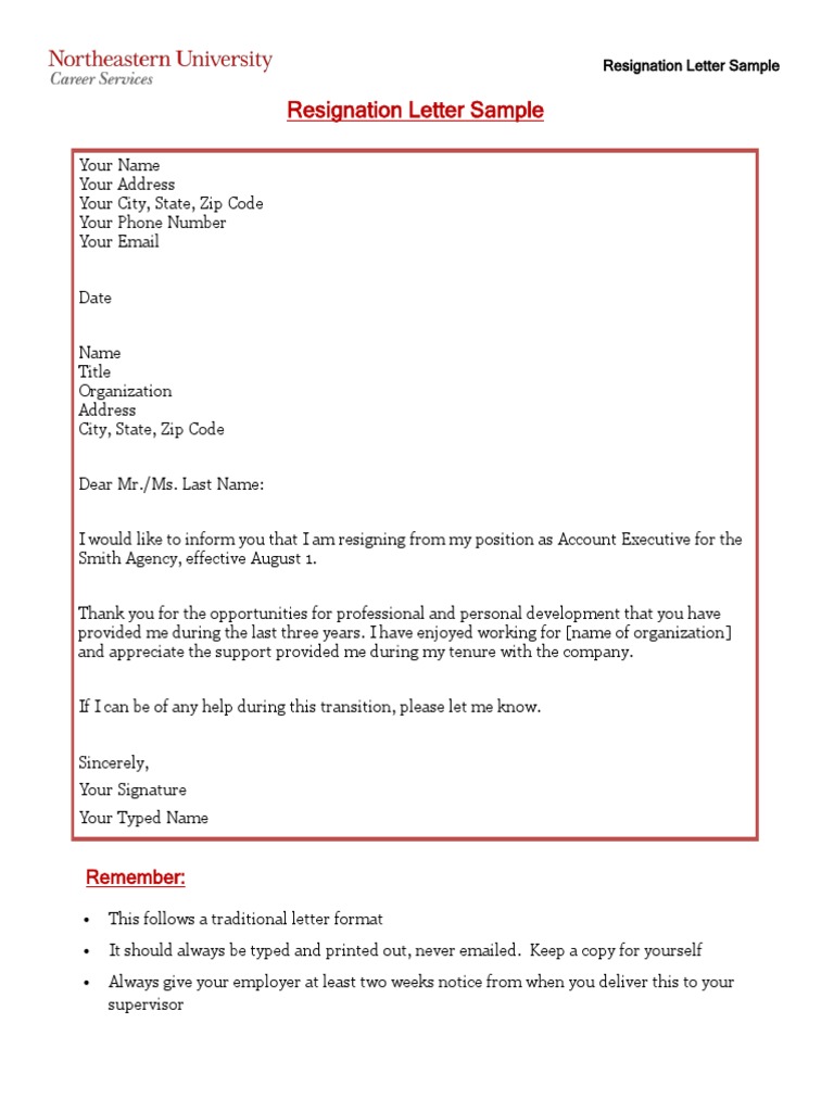 Resignation Letter Sample Pdf