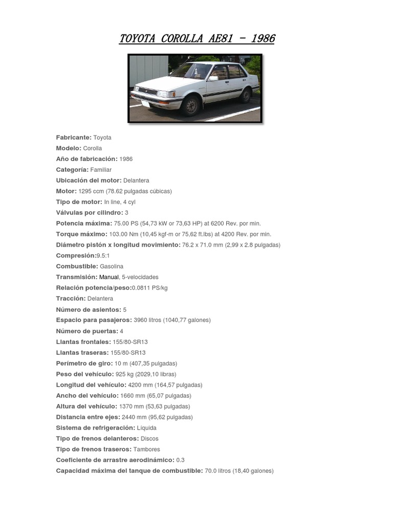 Especificaciones Toyota Corolla AE81 1986 | PDF