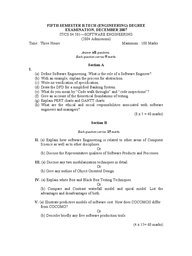 B.Tech Software Engineering Exam | PDF