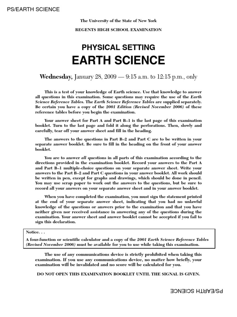 Earth Science Regents January 2009 PDF Atmospheric Pressure Rock (Geology)
