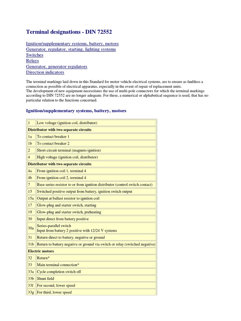 DIN 72552 Terminal Designations Guide | PDF | Ignition System | Relay