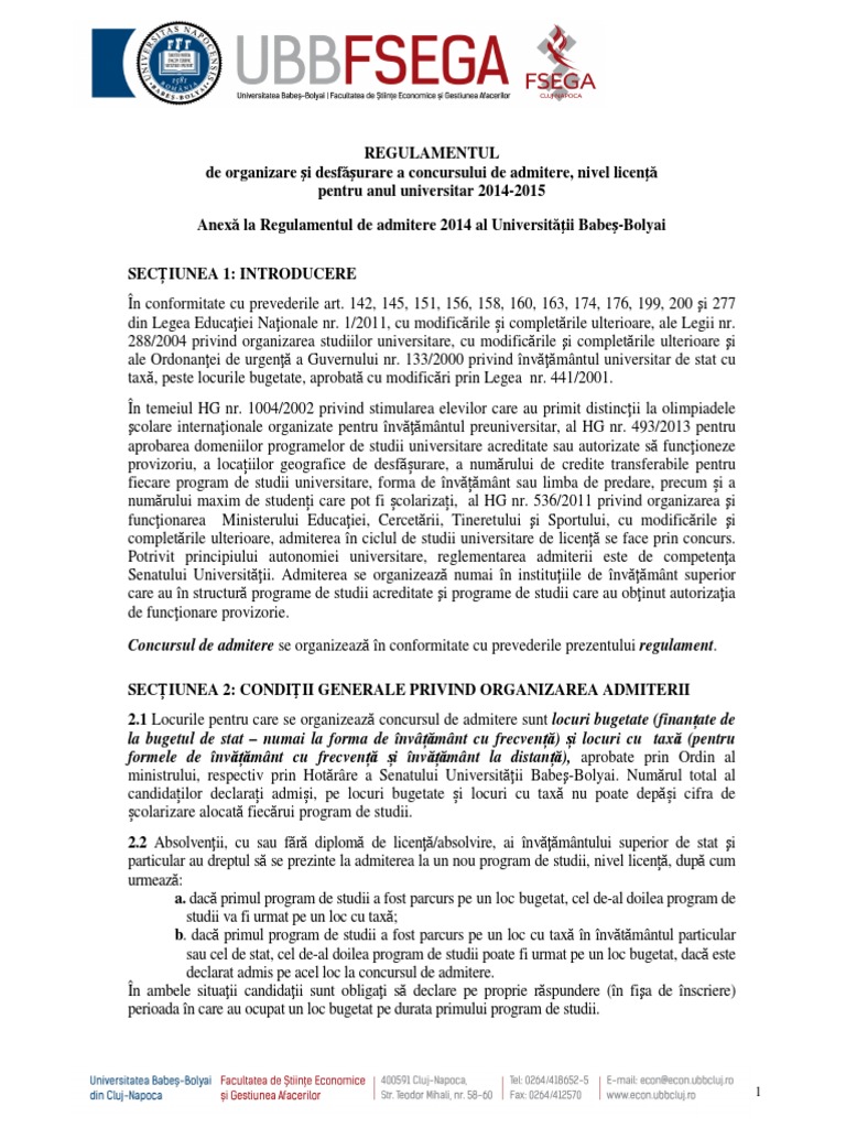 FSEGA Regulament Admitere Licenta 2014 | PDF