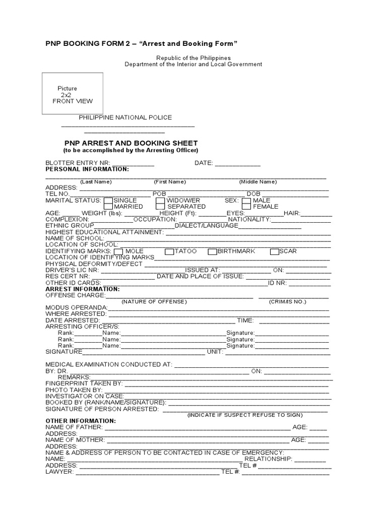 Arrest and Booking Form Criminal Justice Crime & Violence