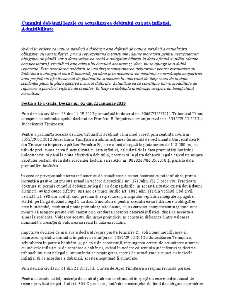 Cumulul Dobânzii Legale Cu Actualizarea Debitului Cu Rata Inflatiei PDF
