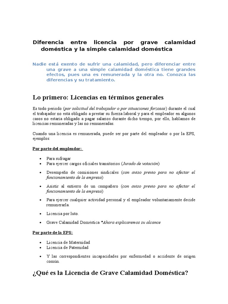 Licencia Por Grave Calamidad Doméstica y La Simple Calamidad Doméstica