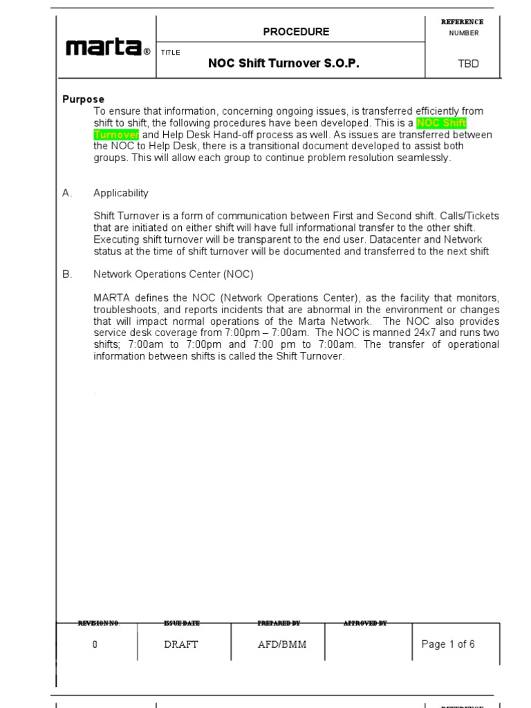 NOC Shift Turnover SOP Derricks Format Enid Edition  PDF  Help In Noc Report Template