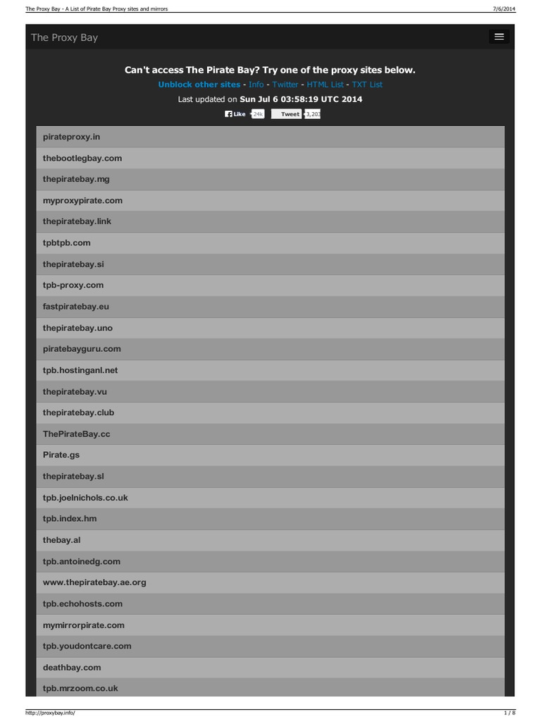 The Proxy Bay - A List of Pirate Bay Proxy Sites and Mirrors, PDF, Proxy  Server