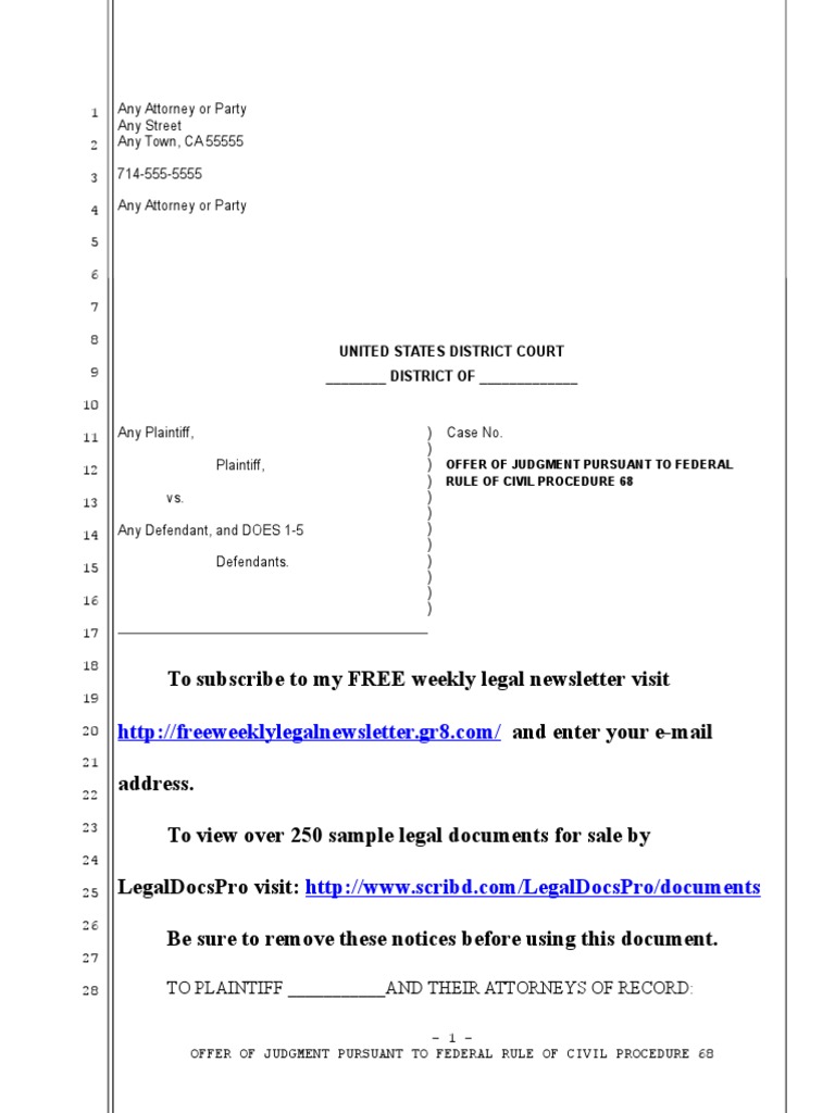 Sample Rule 68 Offer of Judgment in United States District Court