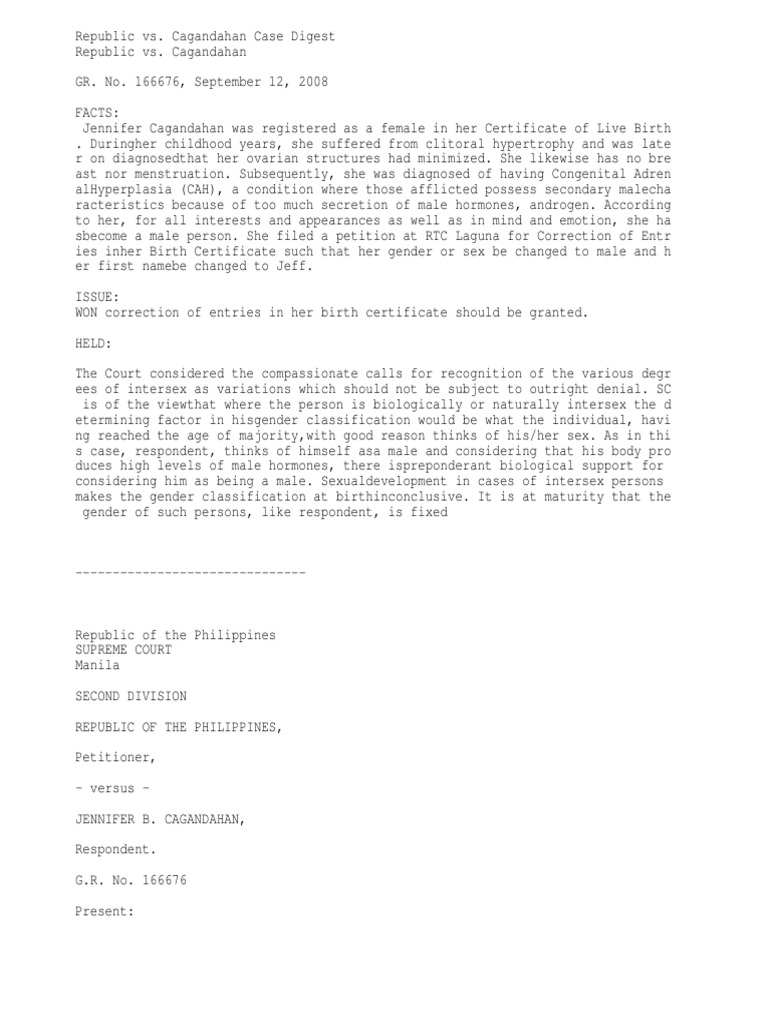 Republic vs. Cagandahan Case Digest on Gender Change PDF Intersex