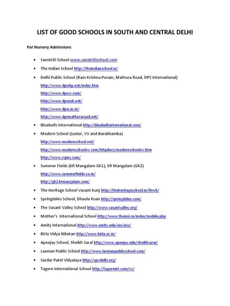 List Of Good Schools In South And Central Delhi For Nursery Admissions scribd