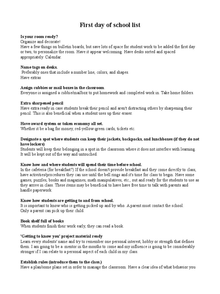 First Day Of School List Pdf Classroom Teaching And Learning