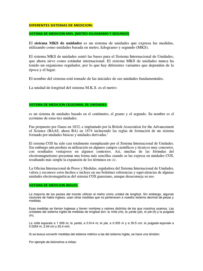 Diferentes Sistemas de Medicion Sistema Internacional de