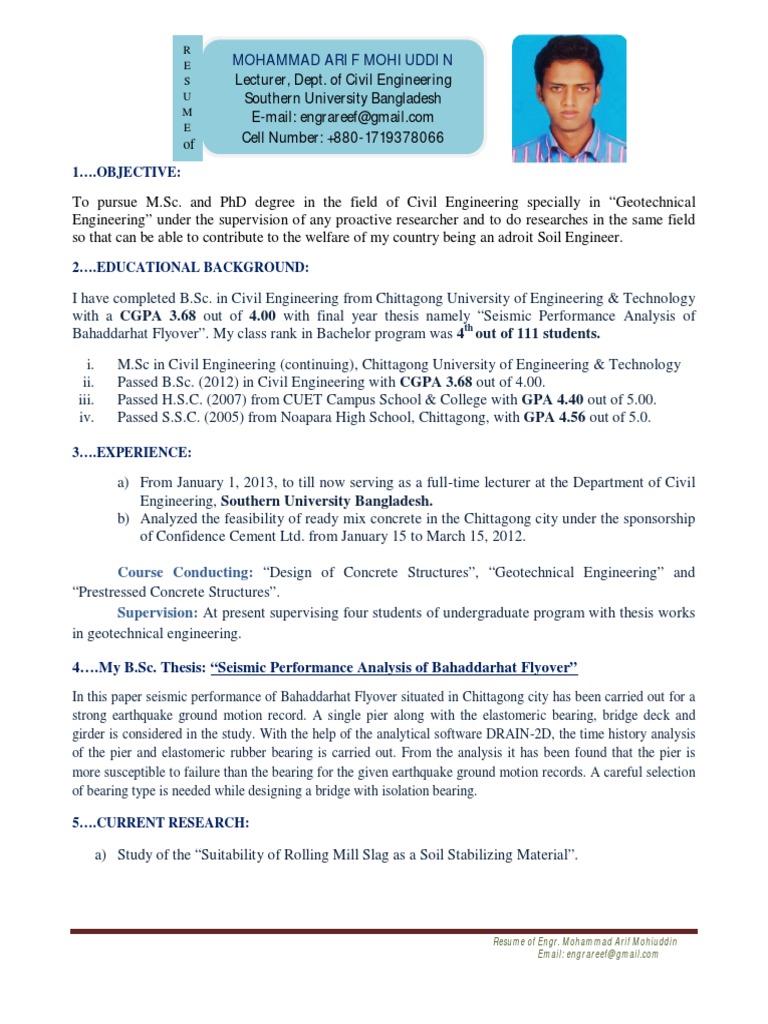 Resume of M A Mohiuddin PDF Master Of Science Bachelor Of Science