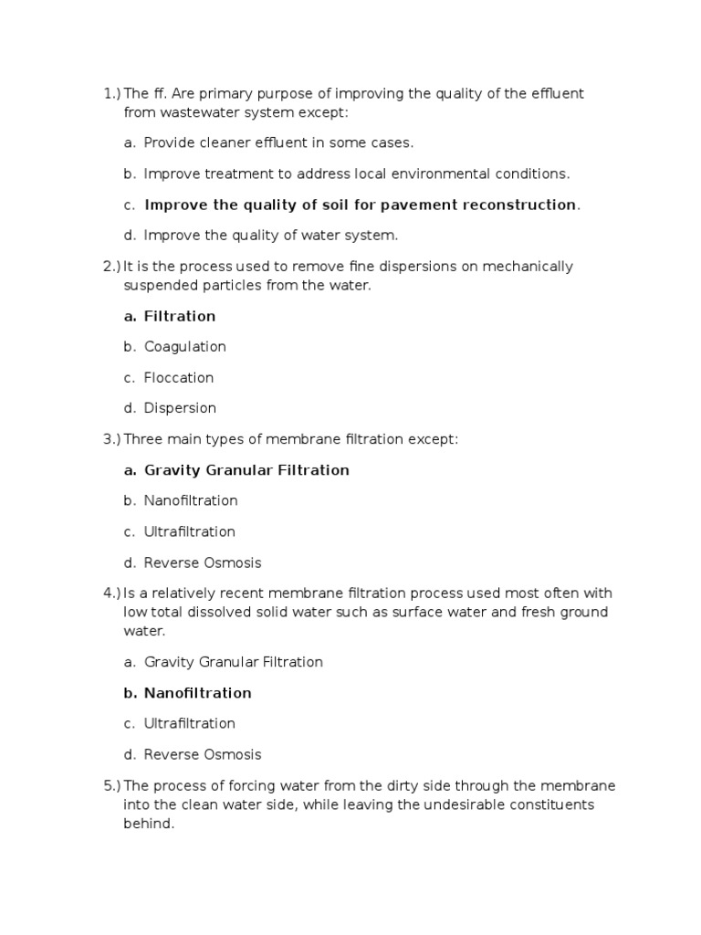 MCQ Wastewater PDF Filtration Chemical Engineering