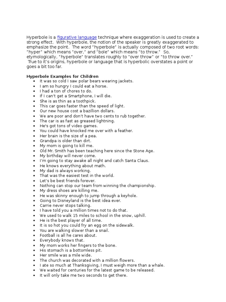 figurative language Hyperbole Examples for Children