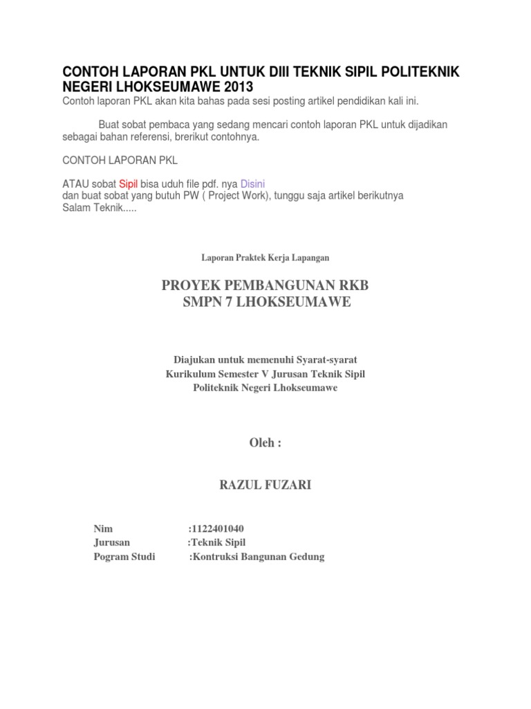 Contoh Laporan Pkl Untuk Diii Teknik Sipil Politeknik