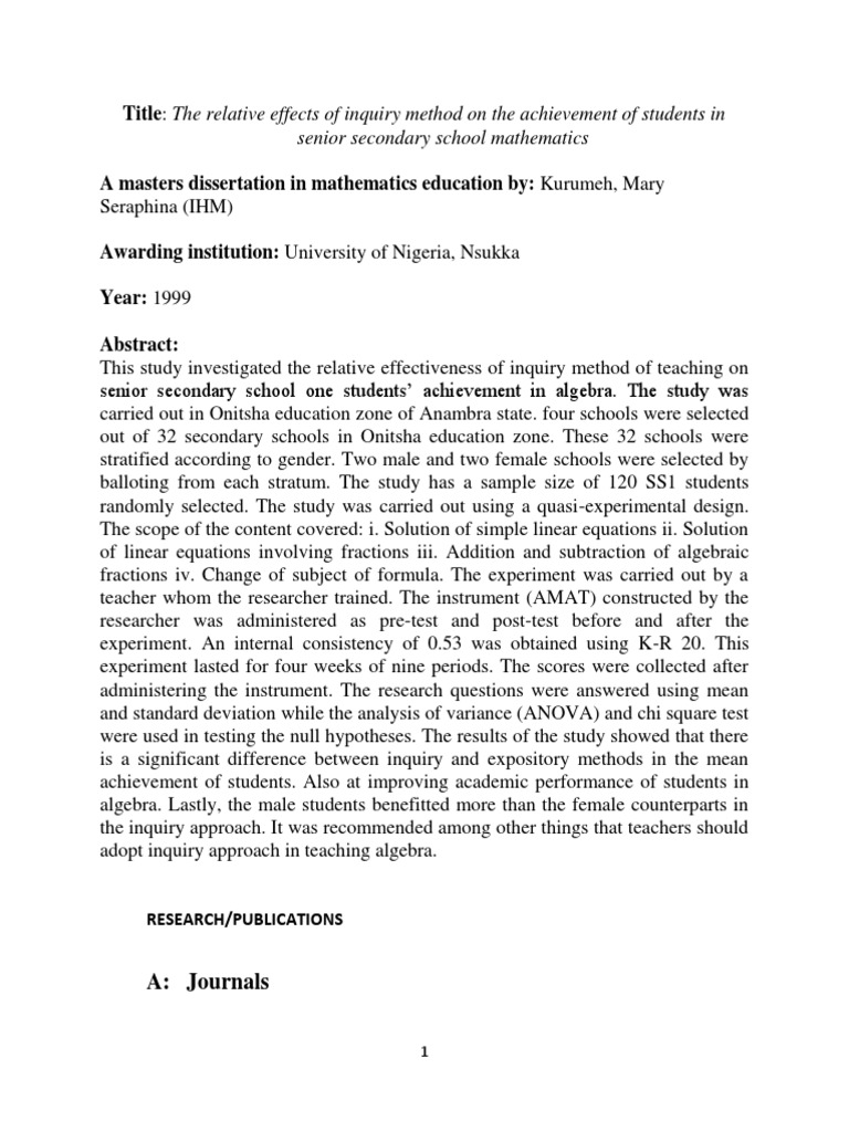 DR Rev Sis M S C Kurumeh - A Masters Dissertation in Mathematics ...