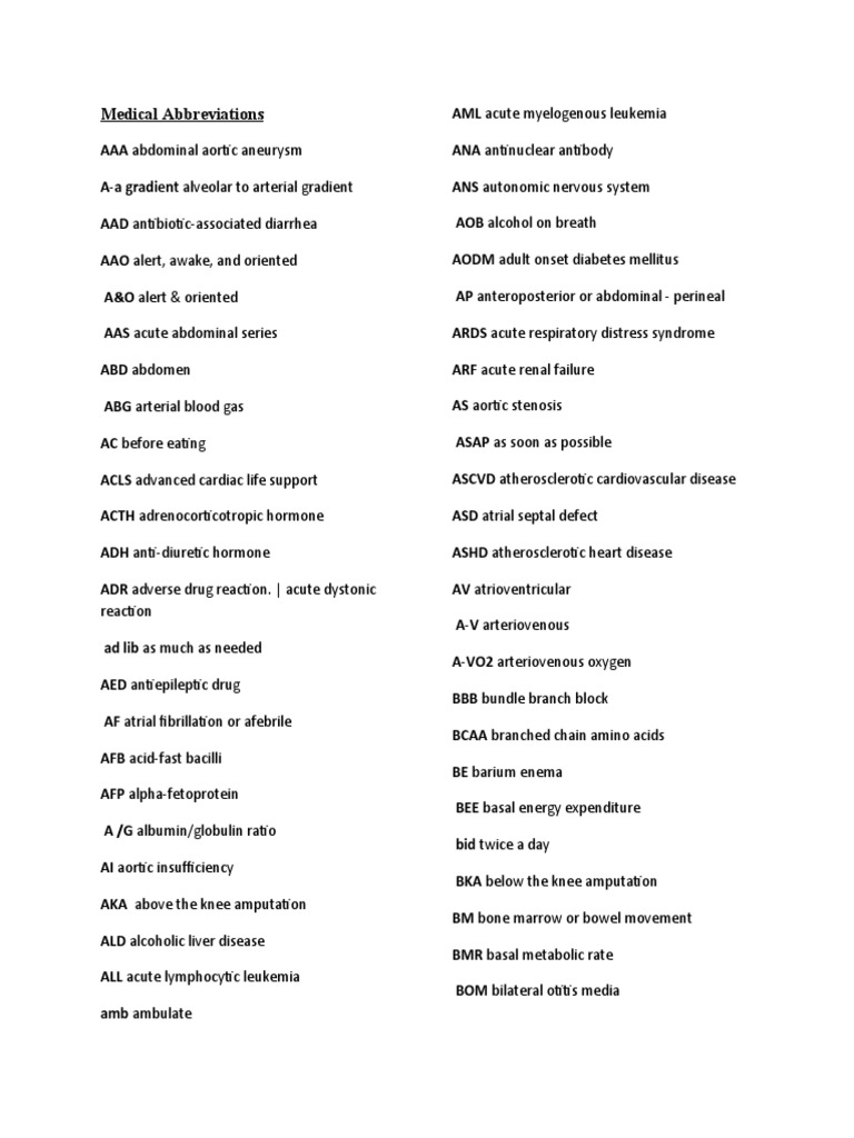 Medical Abbreviations PDF Heart Diabetes Mellitus