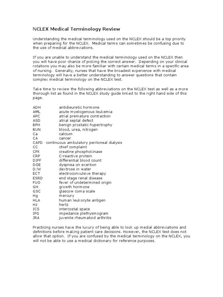 NCLEX Medical Terminology Guide | PDF | National Council Licensure ...