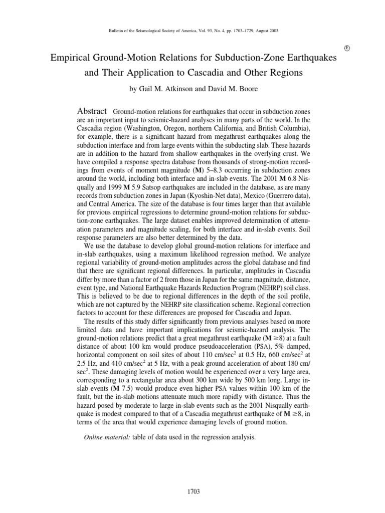Ground-Motion Relations for Subduction Zones | PDF | Moment Magnitude ...