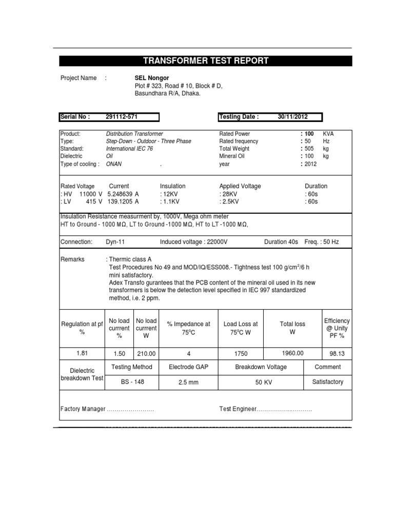 100 KVA Transformer Test Report | PDF | Transformer | Insulator ...