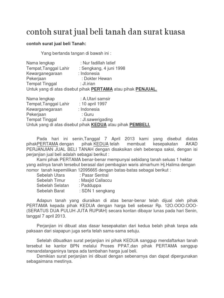 Contoh Surat Kuasa Jual Beli Rumah Dan Tanah