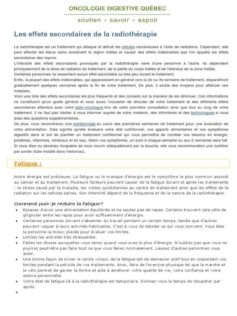 Alimentation et effets secondaires en radiothérapie PDF — free download