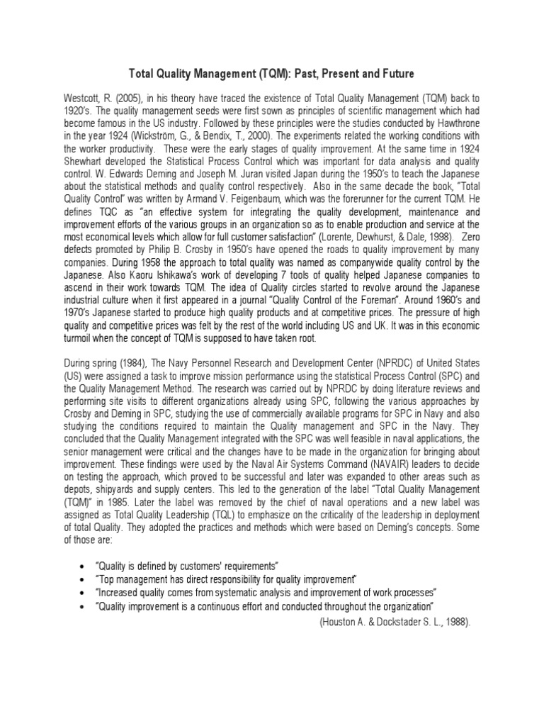 Total Quality Management (TQM) : Past, Present and Future | PDF