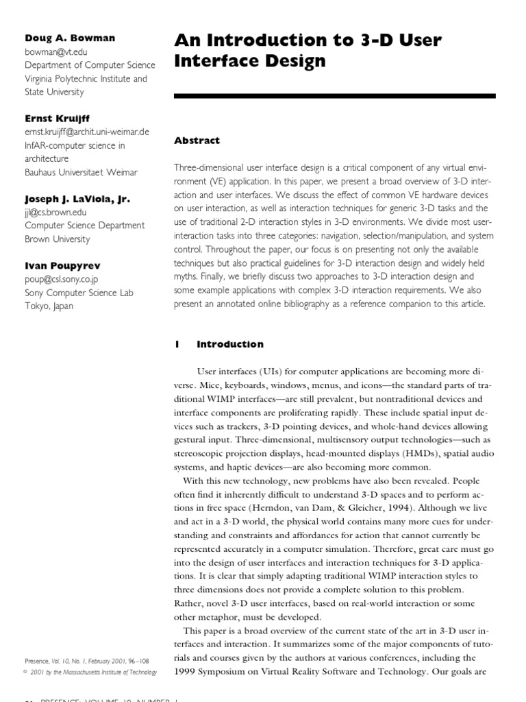 An Introduction To 3-D User Interface Design: Doug A. Bowman | PDF ...
