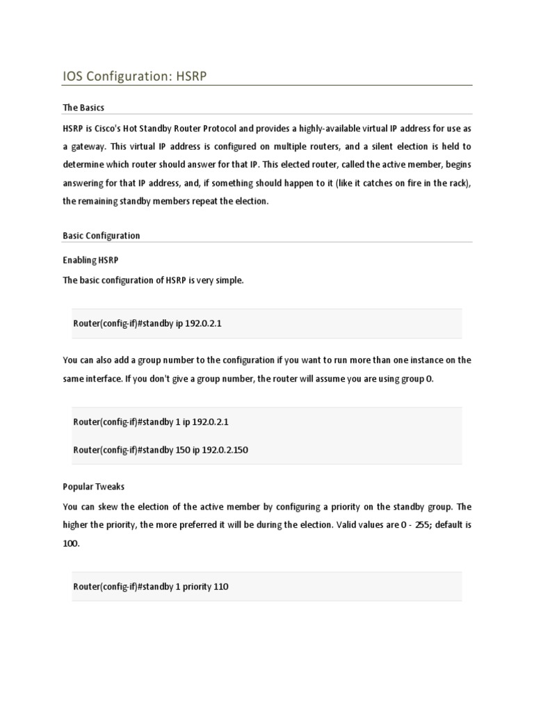 IOS Configuration: HSRP | PDF | Network Layer Protocols | Computer ...