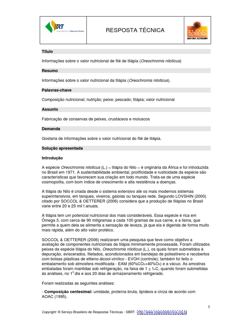 Informaçao Nutricional File de Tilapia Meat Nutrition