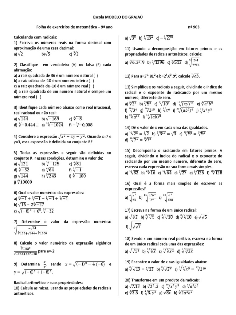 9 Ano Matematica Folha de Exercicios 903 | PDF | Números | Raiz quadrada