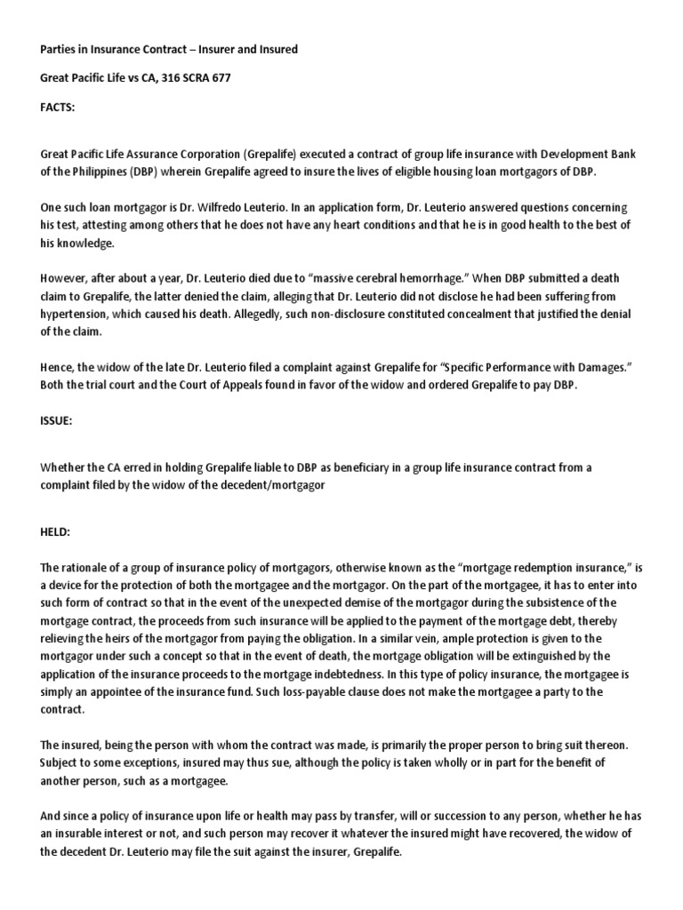 Parties in Insurance Contract - Insurer and Insured Great Pacific Life ...