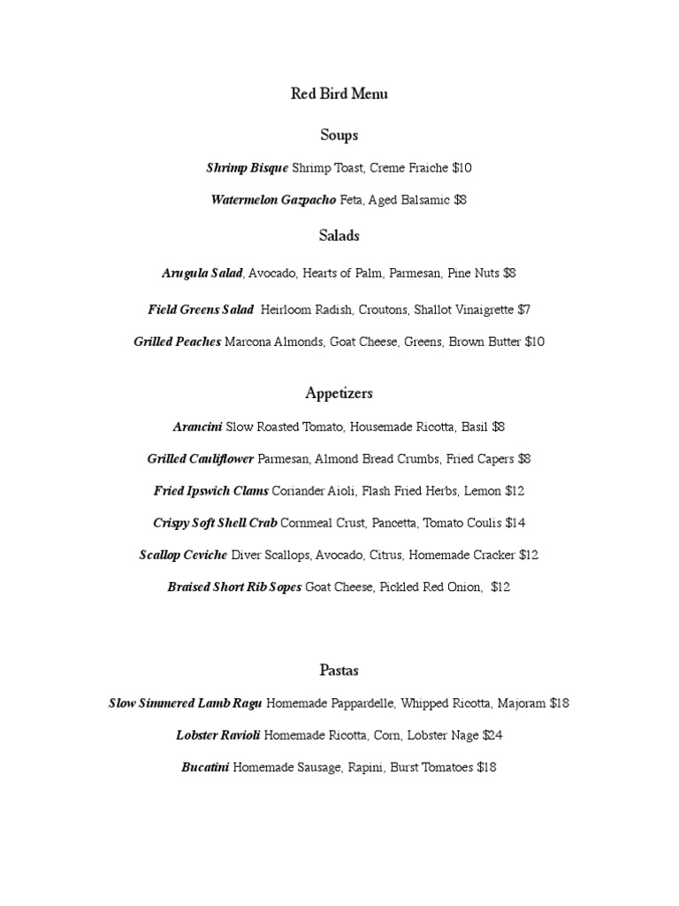 Red Bird Restaurant Menu Overview | PDF