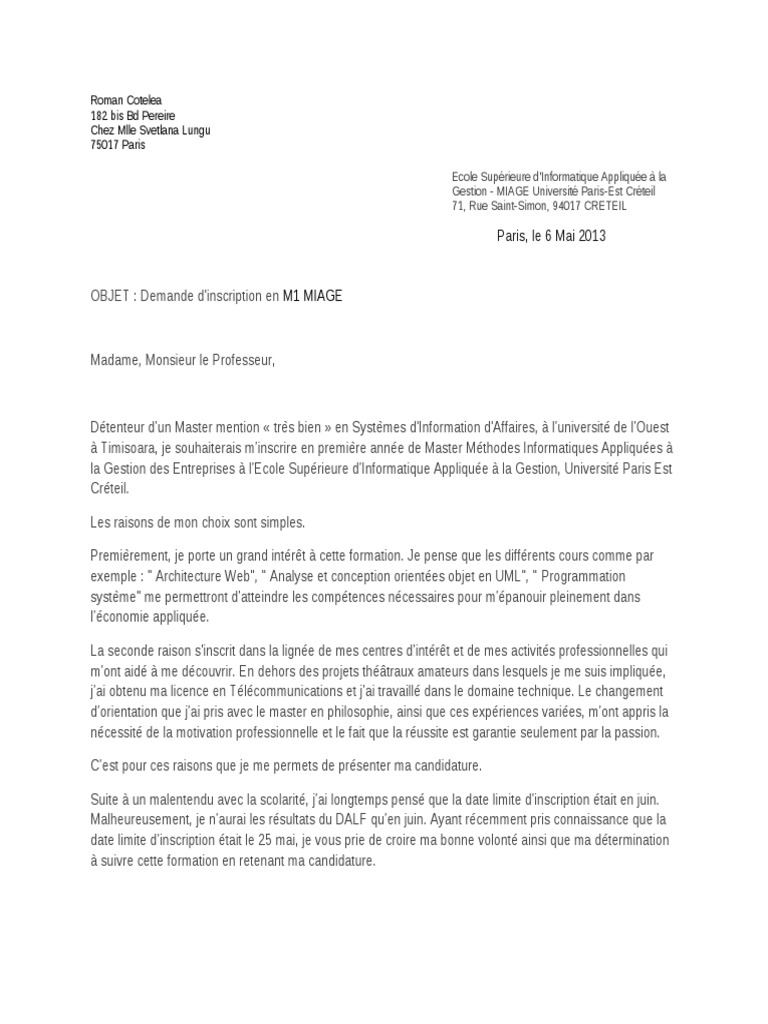 Lettre de Motivation MIAGE  PDF