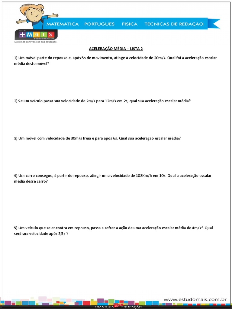 Lista de Exercícios sobre Aceleração Média | PDF