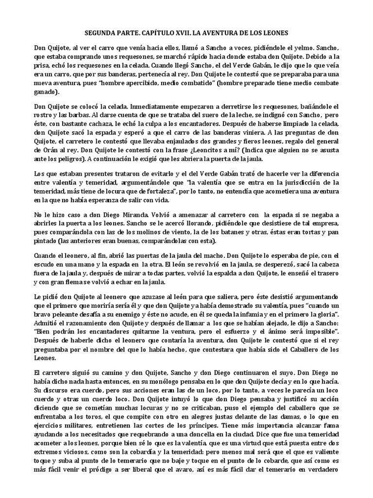 La Aventura de Los Leones | PDF | Don Quijote | Miguel De Cervantes