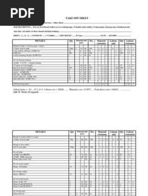 Take Off Sheet