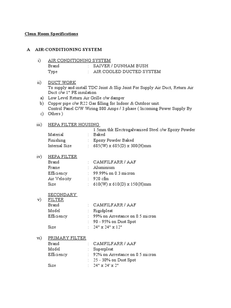 Clean Room Specifications PDF Duct (Flow) Civil Engineering
