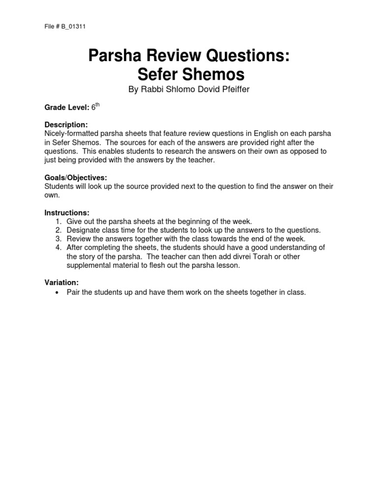 Parsha Sheets- Sefer Shemos | Jewish Texts | Religion And Belief