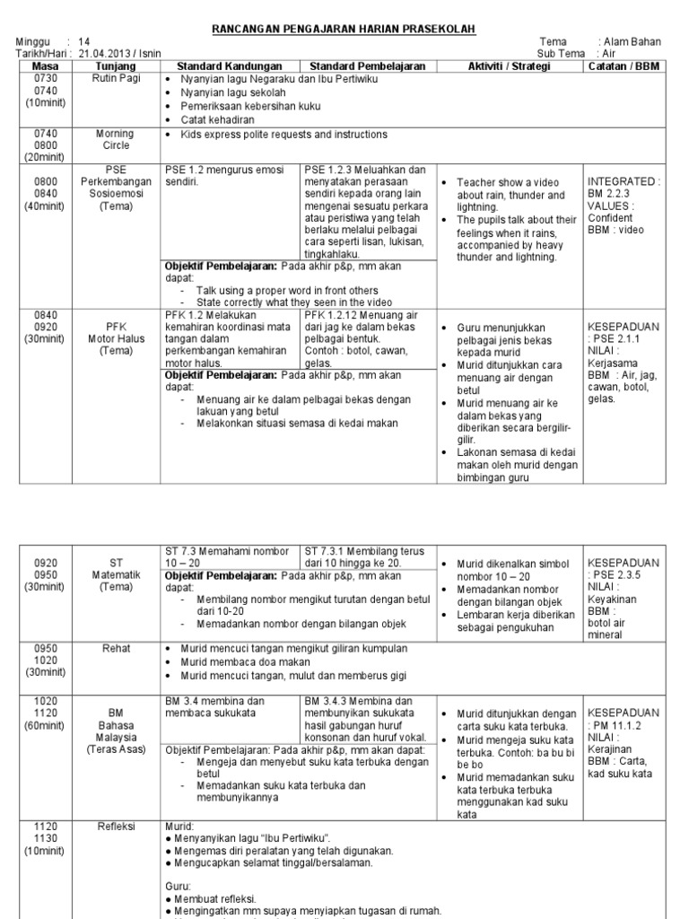 Rancangan Pengajaran Harian Prasekolah | PDF
