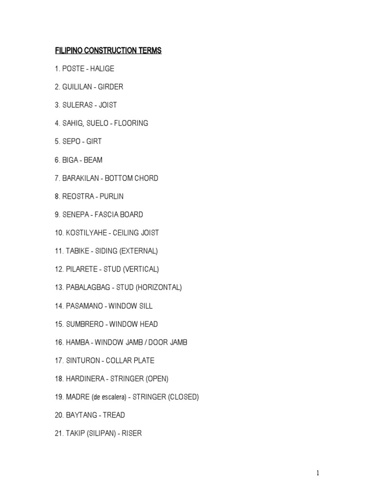 Filipino Construction Terminology Guide | PDF | Framing (Construction ...