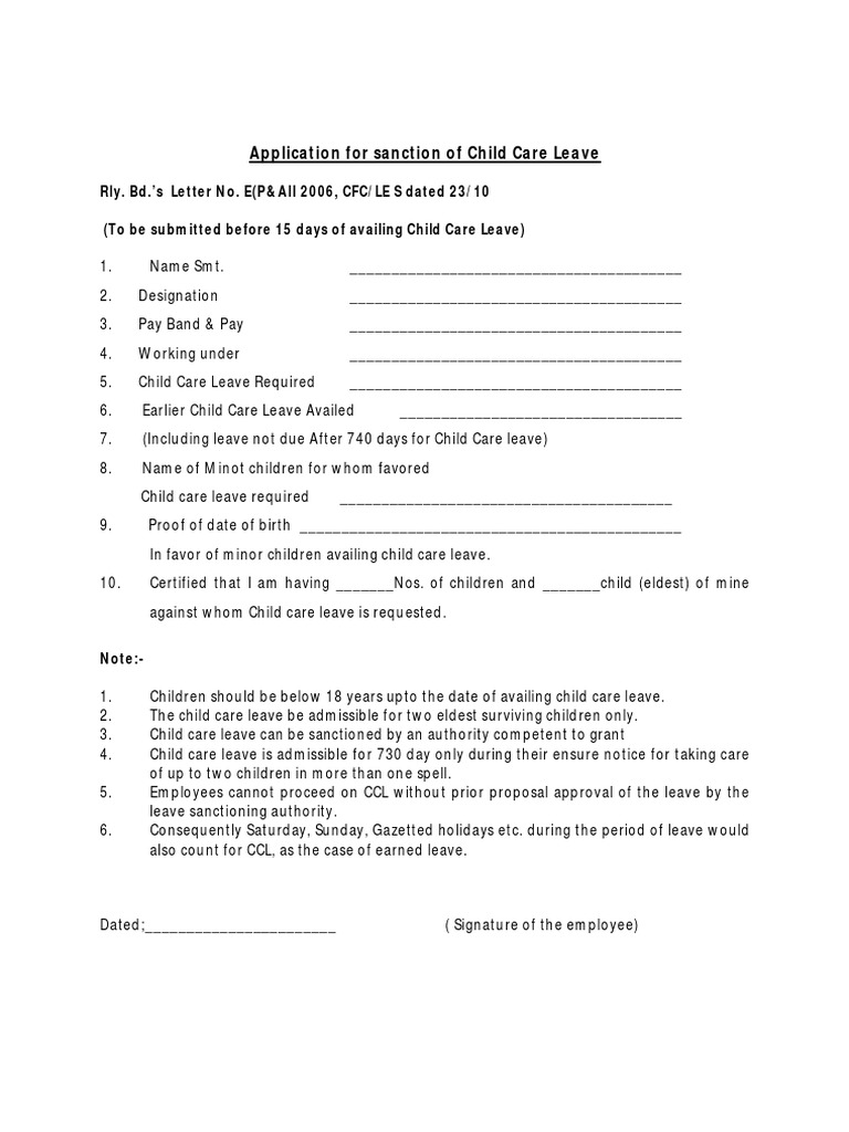 Application Form For Child Care Leave Child Care Relationships